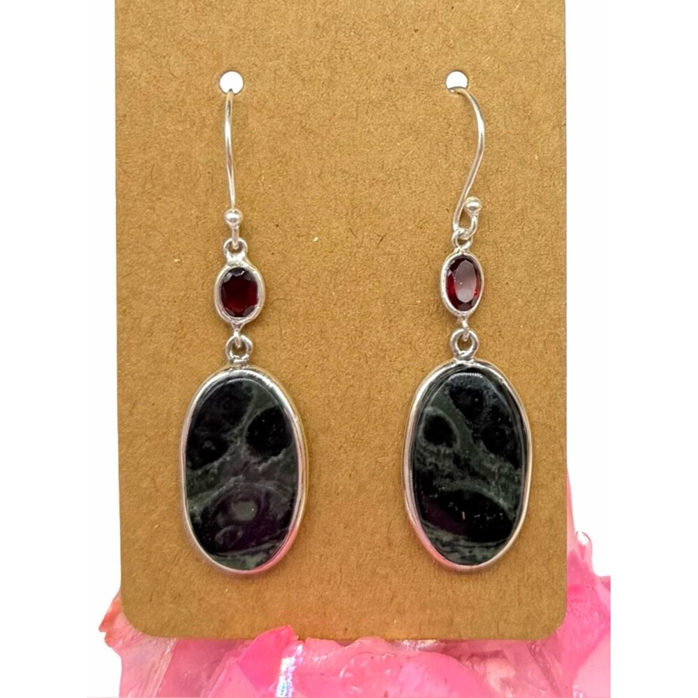 African Kambaba Jasper Garnet Earrings Solid 925 Sterling Silver